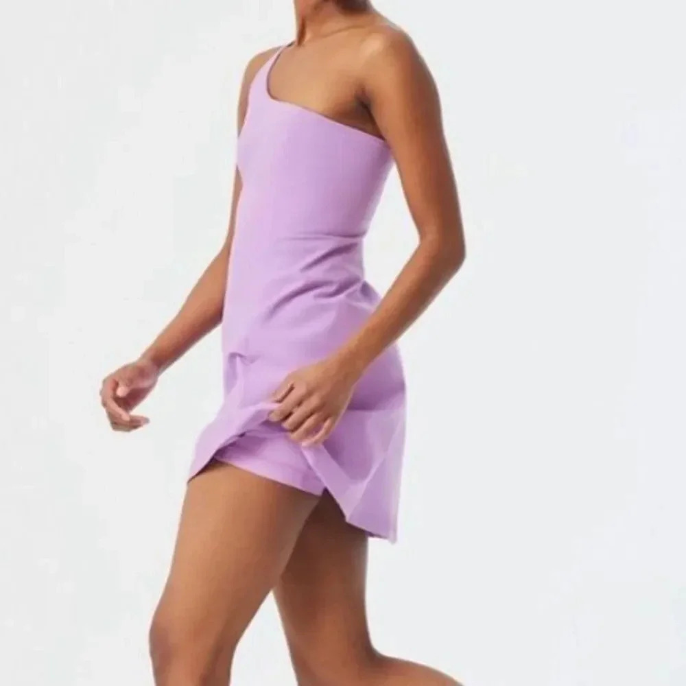 NWT Outdoor Voices One Shoulder Dress Built-In Shorts Liner Lavender Sz Large